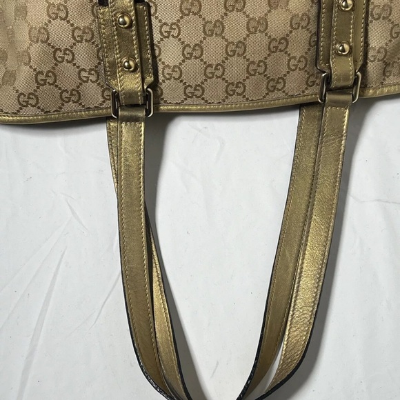 GUCCI Sherry Line Auth GG Pattern Gold Beige Canvas Leather Shoulder Tote Bag - Picture 12 of 16